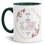 Tasse zum Hochzeitstag Leinwand Hochzeit - mit Name & Datum selbst gestalten - 35 Jahre Ehe, Paar, Geschenk Hochzeit, Jubiläum, Jahrestag I Personalisiert, Keramik Innen & Henkel Dunkelgrün 300 ml