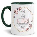 Tasse zum Hochzeitstag Saphir Hochzeit - mit Name & Datum selbst gestalten - 16 Jahre Ehe, Paar, Geschenk Hochzeit, Jubiläum, Jahrestag I Personalisiert, Keramik Innen & Henkel Dunkelgrün 300 ml