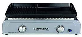 Campingaz Plancha Othello 2 X Twin, Gas Tischgrill, Gastrobräter mit zweigeteilter Grillplatte aus emailliertem Stahl und 2 Brennern, 6 kW Leistung, Tischgriller für mediterranes Grillen a la Plancha
