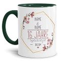 Tasse zum Hochzeitstag Saphir Hochzeit - mit Name & Datum selbst gestalten - 16 Jahre Ehe, Paar, Geschenk Hochzeit, Jubiläum, Jahrestag I Personalisiert, Keramik Innen & Henkel Dunkelgrün 300 ml