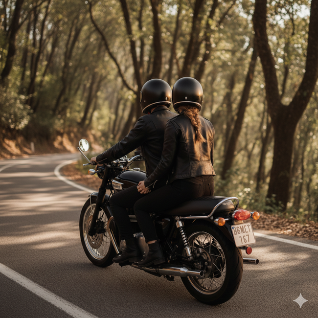 brautpaar auf motorrad und hochzeitsreise im wald Motorrad,Kfz-Beleuchtung,Kfz-Reifen,Kraftstofftank,Motorradhelm,Persönliche Schutzausrüstung,Helm,Motorradfahren,Schutzblech,Kfz-Rad-System,