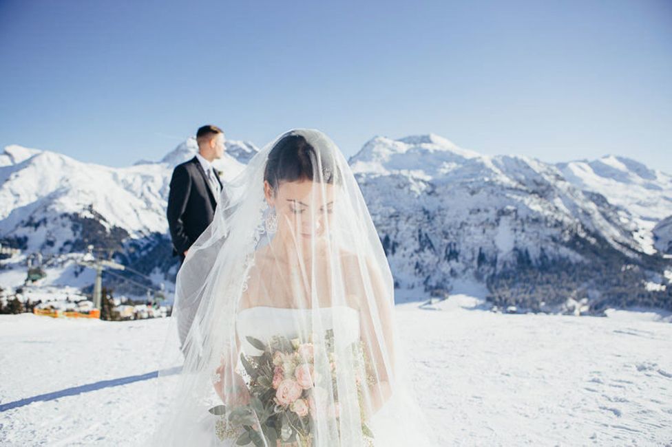 Himmel, Hochzeitskleid, Berg, Schnee, Ökoregion, Braut, Pflanze, Brautkleid, Brautschleier, natürliche Umgebung,