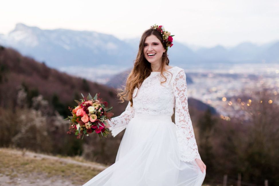 Haare, Blume, Lächeln, Pflanze, Himmel, Foto, Hochzeitskleid, Braut, Weiß, Berg,